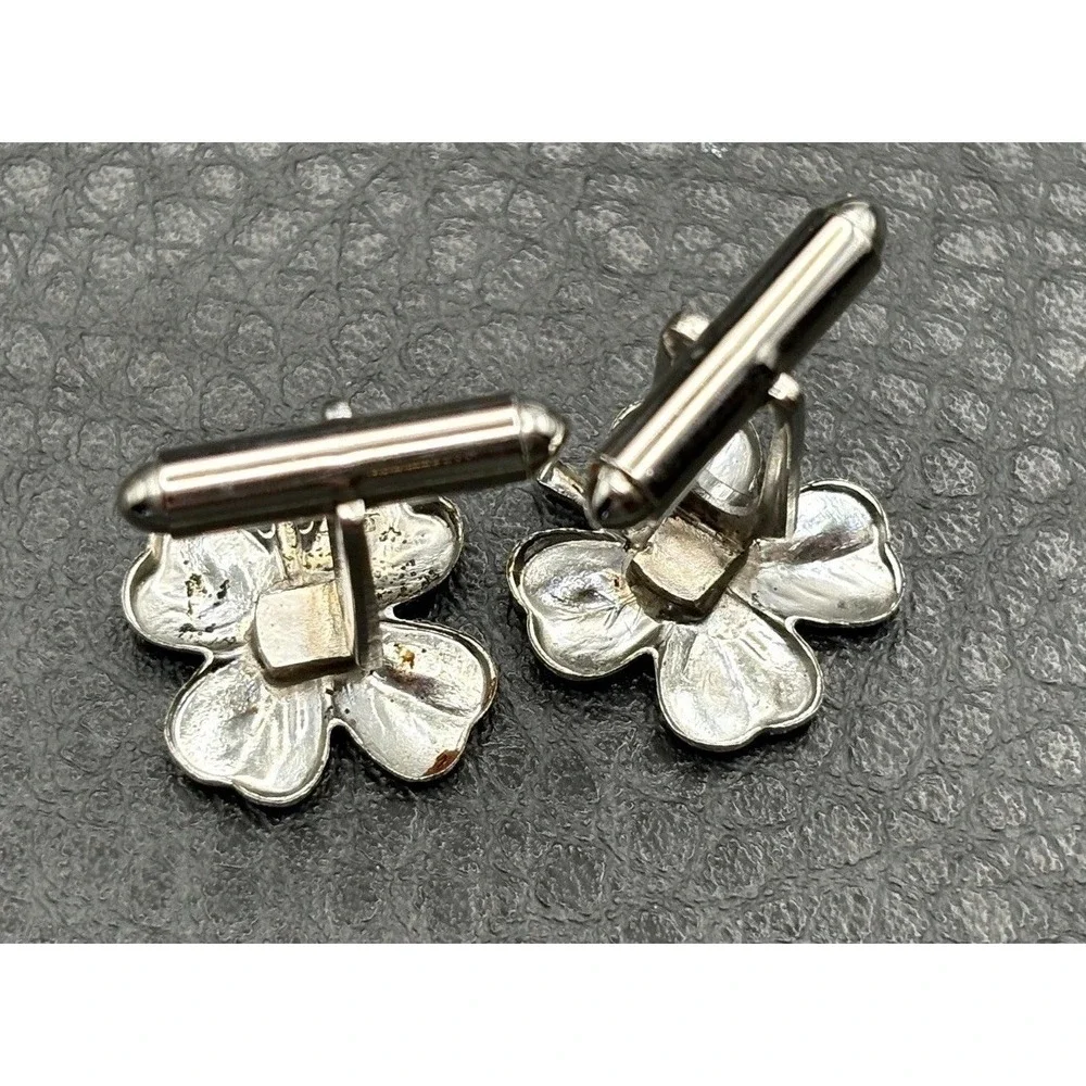 Vintage Shamrock Clover Silver Tone Cufflinks Men's Formal Wear